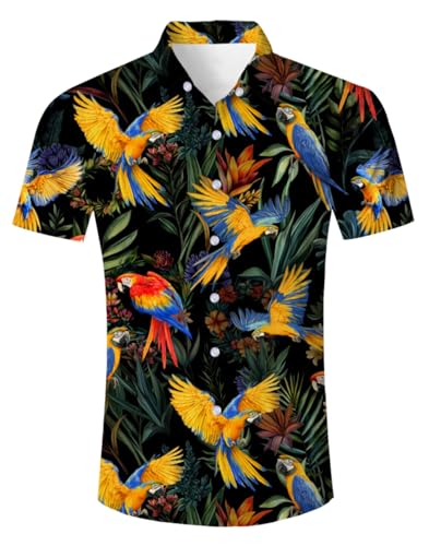 Belovecol Hawaiihemd Herren 3D Gelber Papagei Button Down Strandurlaub Hemd Kurzarm Hawaii Hemd M von Belovecol