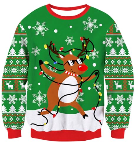 Belovecol Herren Christmas Sweater Lustige 3D Rentier Printed Crewneck Langarm Hässliche Damen Pullover Sweatshirt für Weihnachten Grün L von Belovecol