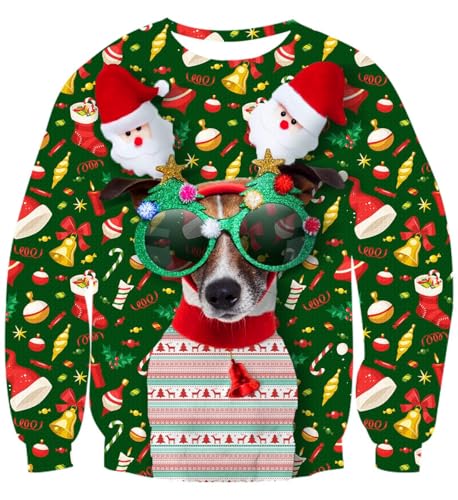 Belovecol Herren DamenRundhalsausschnitt Pullover Cool Weihnachtshund Print Langarm Hässliche Weihnachten Sweatshirts Grün M von Belovecol
