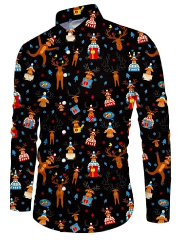 Belovecol Herren Jungen Weihnachten Langarm Hemd Druckmuster Hässliche Hemden Button Down Aloha Herren Elch Holiday Blusen Schwarz L von Belovecol