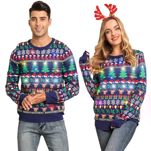 Belovecol Herren LED Hässliche Weihnachten Pullover Licht Ugly Christmas Sweater Rundhalsausschnitt Xmas Strickpullover Lustig Bedruckt Weihnachtsbaum Langarm Marineblau L von Belovecol