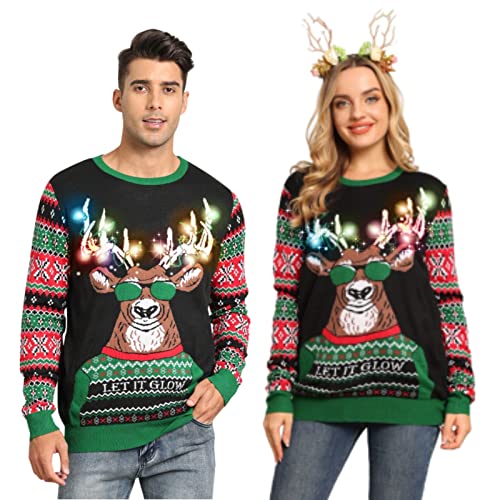 Belovecol Herren LED Ugly Weihnachtspullover Leuchten Weihnachten Xmas Sweater Gedruckte Pullover Langarm Strickpullover Gestricktes Sweatshirt M von Belovecol