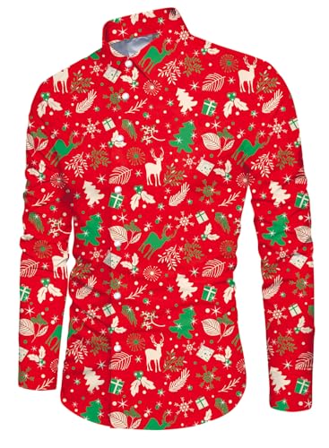 Belovecol Herren Langarm Hemd Long Sleeves Shirts Bedruckte Hässliche Hemden Funky Buttons Fashin Pattern Casual Style Herren Weihnachten Tops Rot XL von Belovecol