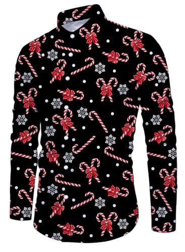 Belovecol Herren Langarm Hemd Long Sleeves Shirts Bedruckte Hässliche Hemden Funky Süßigkeiten Buttons Fashin Pattern Casual Style Herren Weihnachten Tops XL von Belovecol