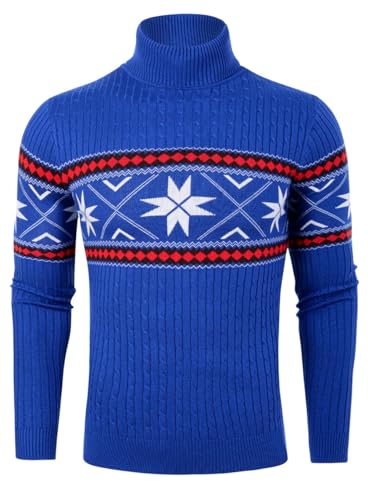 Belovecol Herren Strickpullover Feinstrick Pullover mit Stehkragen und Reißverschluss Blauer Schneeflockendruck Jumper M von Belovecol