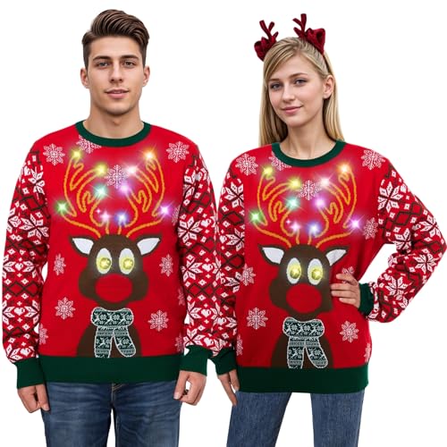 Belovecol Herren Ugly Christmas Sweater Licht LED Roter Elch Weihnachtspullover Lustige Weihnachten Strickpullover Langarm Pullover XXL von Belovecol