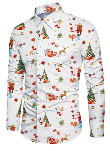 Belovecol Herren Weihnachten Bedruckte Blusen Button Down Weihnachtsmann Regenbogenmuster Lustige lässige hässliche Langarmhemden Weiß XXL von Belovecol