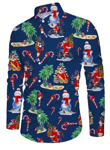 Belovecol Herren Weihnachten Langarm Hemd Weihnachtsmann Druckmuster Hässliche Hemden Button Down Holiday Blusen Navy Blau XXL von Belovecol