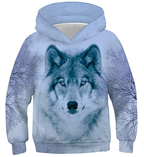 Belovecol Jungen Mädchen Hoodie 3D Wolf Kapuzenpullover Pullover Unisex Lustige Kapuzenpulli Leichte Atmungsaktiv Sweatshirt Jumpers Teens 14 15 16 Jahre von Belovecol