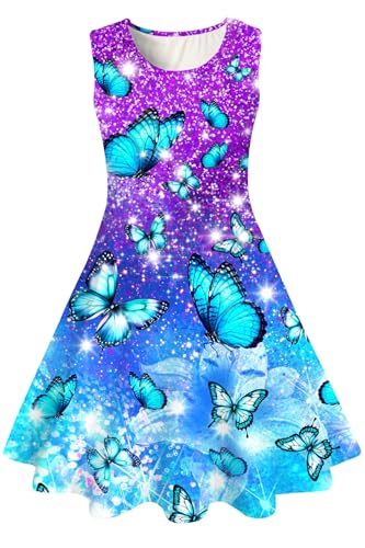 Belovecol Madchen Kleid A-Linie Ärmelloses Sommerkleid Buntes Kleid Blau Schmetterling 10-12 Jahre von Belovecol