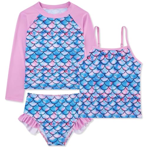 Belovecol Mädchen 3-teiliger Badeanzug Sport Badeanzug LSF 50+ UV-Schutz Rosa Bedruckte Bademode 7-8 Jahre von Belovecol