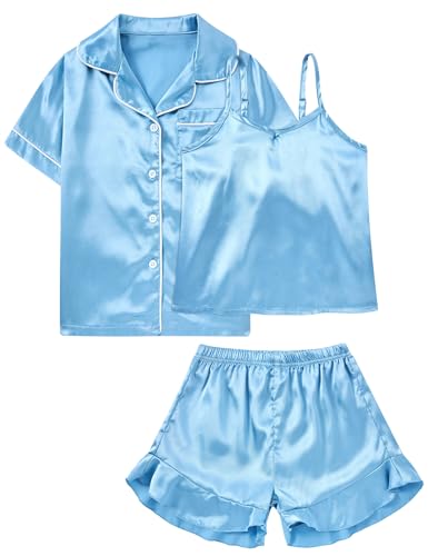Belovecol Mädchen 3 teiliges Pyjama Set Lässiges Sommer Rüschenbesatz Cami Top und Shorts Pyjama Set Blau 6–7 Jahre von Belovecol
