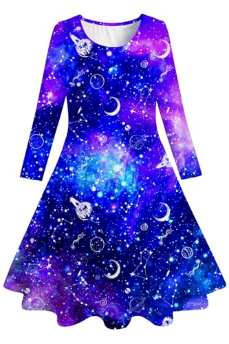 Belovecol Mädchen Kleid Langarm Casual Lila Galaxy Swing Kleid Partykleider 6-7 Jahre,M von Belovecol