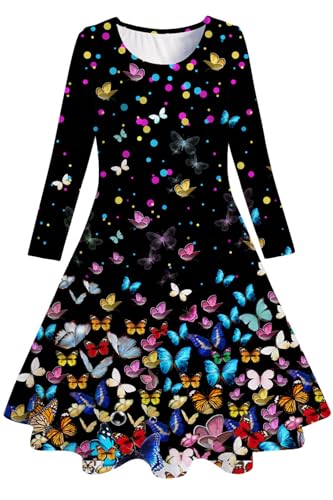 Belovecol Mädchen Kleid Party Casual Langarm Schwarz Schmetterling Rundhals Basic Herbst Mädchen Kleid 8-9 Jahre,L von Belovecol