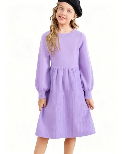 Belovecol Mädchen Langarm Strickkleid Hellviolettes Kleid für den Winter Lässiges A-Linien Pulloverkleid Geburtstagsgeschenk für Mädchen 11-12 Jahre von Belovecol