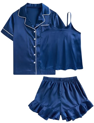 Belovecol Mädchen Seiden Satin Pyjama Set kurzärmlige Button Down Nachtwäsche Rüschensaum Shorts Pyjama Set 3 teilig Marineblau Loungewear 8–9 Jahre von Belovecol