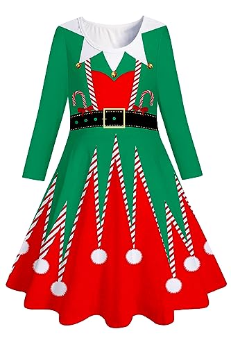 Belovecol Mädchen Weihnachtskleid langärmlig rot grün Weihnachtsmannkleider 8-9 Jahre,L von Belovecol