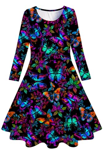 Belovecol Mädchenkleid langärmlig A-Linie Midi Skater Swingkleid Neon Schmetterling Kinder Alter 4–5 Jahre,S von Belovecol