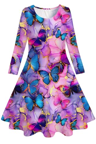 Belovecol Mädchenkleid rosa Schmetterling lässiges langärmliges Winterkleid, hübsches Swingkleid für Mädchen 8–9 Jahre,L von Belovecol
