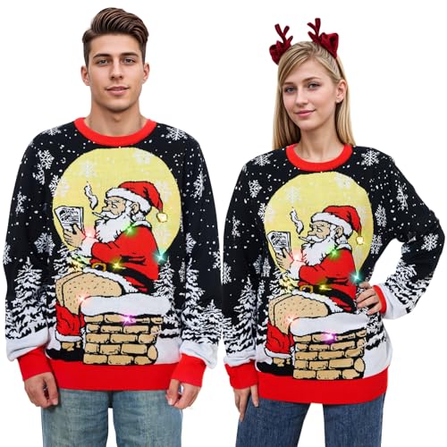 Belovecol Männer und Frauen LED-Beleuchtung Weihnachtsfeiertage lustiger Weihnachtsmann hässlicher Pullover mit Licht LED M von Belovecol