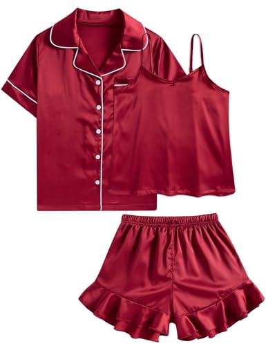 Belovecol Pyjama Set für Mädchen Knopfleiste Seidenpyjama Nachtwäsche Nachtwäsche Loungewear Rüschen Shorts Set Geschenke Kurzarm Loungewear 8 9 Jahre von Belovecol