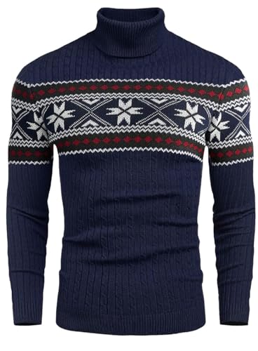 Belovecol Rollkragenpullover Herren Pullover Rollkragen Slim Fit Feinstrick Sweater Dunkel Blau Geometrisch L von Belovecol