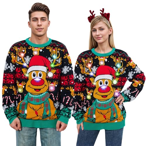 Belovecol Unisex Weihnachtspullover klassischer leuchtender Rentier-Weihnachtsbaum-Partypullover LED L von Belovecol