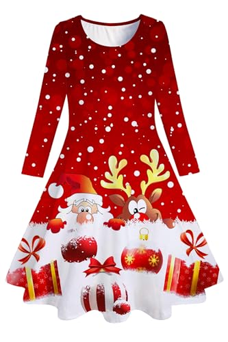 Belovecol Weihnachtskleid für Mädchen langärmliges Kleid A-Linie fließendes Midikleid lustiges Elch-Druckkleid 6–7 Jahre,M von Belovecol