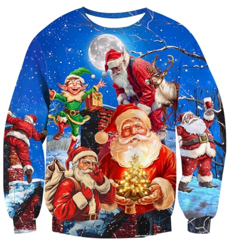 Belovecol Weihnachtssweatshirts für Herren und Damen Rundhalsausschnitt Langarmshirts Pullover Blaue Bluse Lässiges Weihnachtstop XL von Belovecol