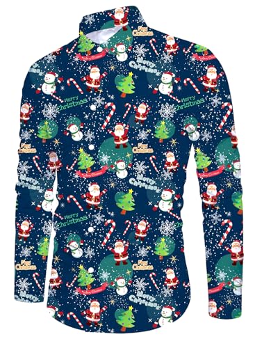 Belovecol Xmas Hemd Herren Christmas Shirt Weihnachtsmann Druck Tier Langarm Weihnachten Buttons Down Herren Oberteile Navy Blau XXL von Belovecol
