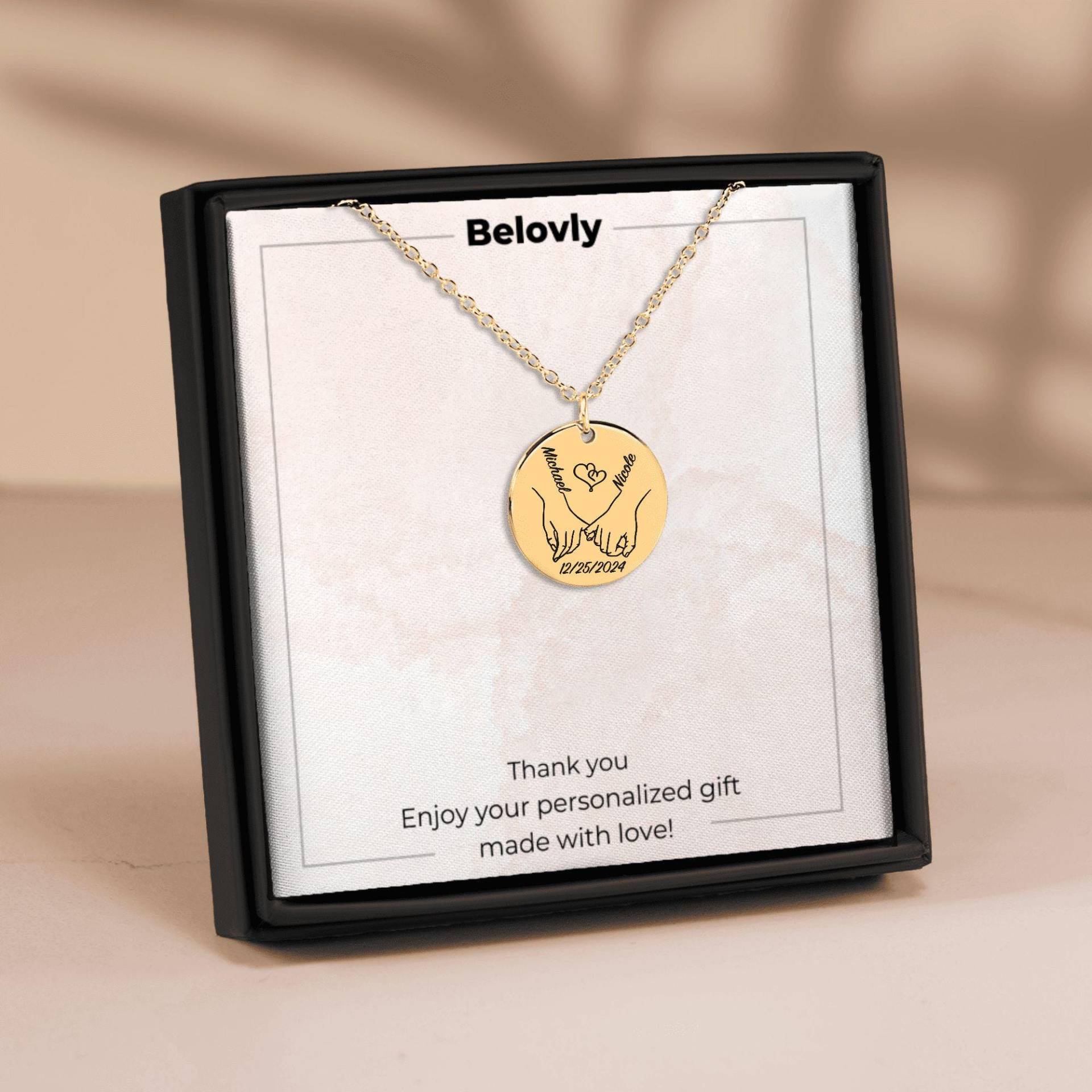 Personalized First Christmas Together Necklace Couple Gift With Names & Date Engraved Hands Pendant Romantic Holiday Keepsake Jewelry von BelovlyDesigns