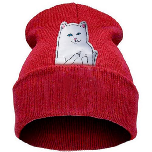Belsen Damen aufrecht Mittelfinger Katze Hiphop Beanie Strick Mütze Skull Cap (Rotwein) von Belsen