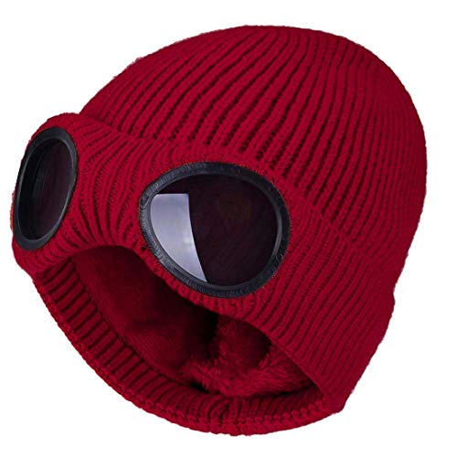 Belsen Unisex Goggle Strickmütze Winddicht Warm Winter Skull Cap, Weinrot, Einheitsgröße von Belsen