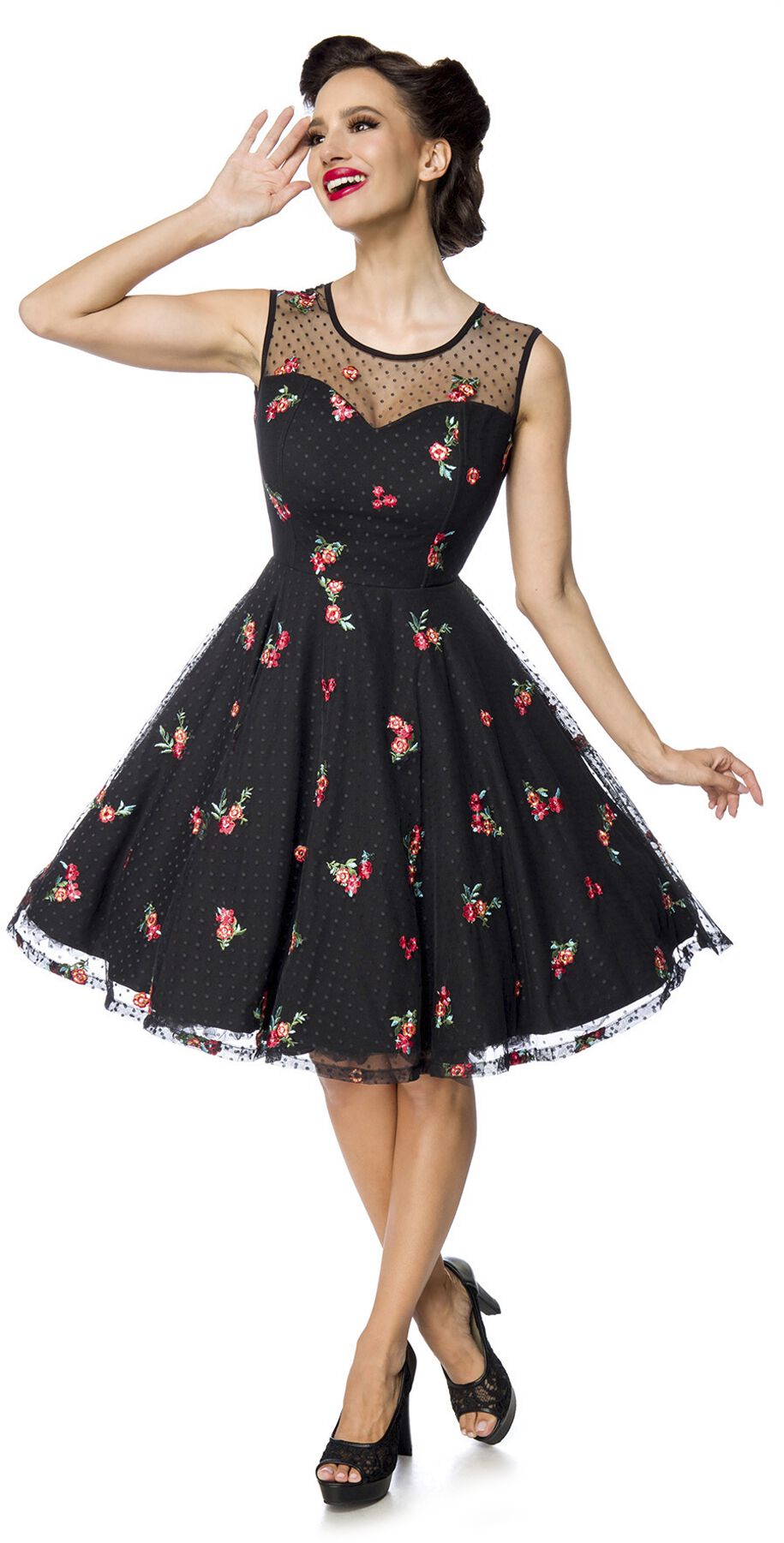 Belsira - Rockabilly Kleid knielang - Cocktailkleid - XS bis XXL - für Damen - Größe M - schwarz von Belsira