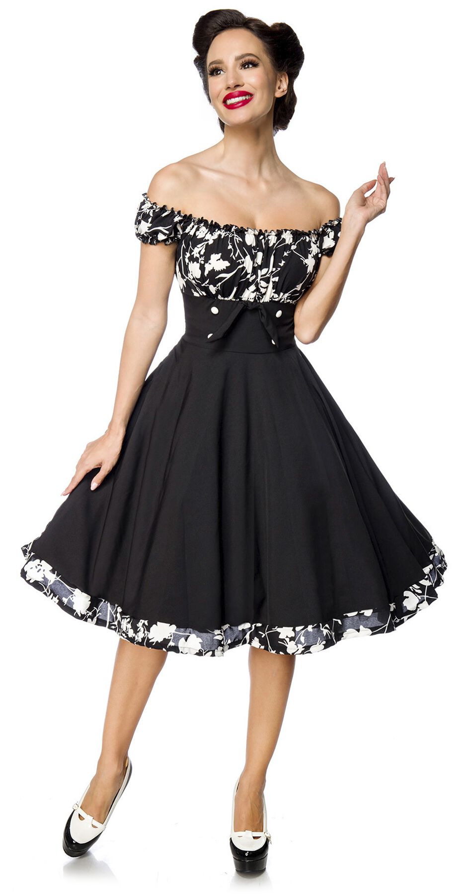 Belsira - Rockabilly Kleid knielang - Schulterfreies Swing-Kleid - S bis 4XL - für Damen - Größe 4XL - schwarz/weiß von Belsira