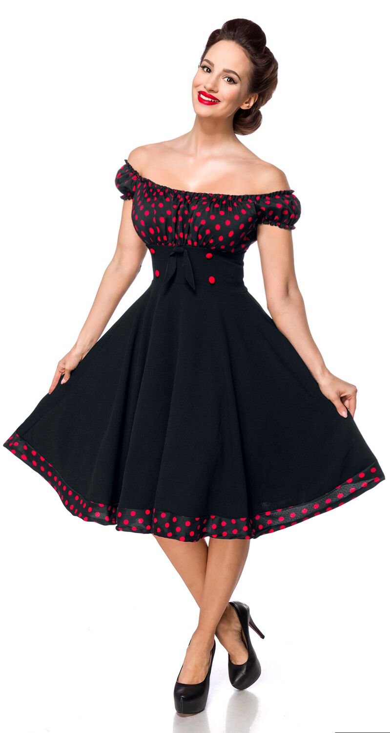 Belsira - Rockabilly Kleid knielang - Schulterfreies Swing-Kleid - XS bis 3XL - für Damen - Größe L - schwarz/rot von Belsira