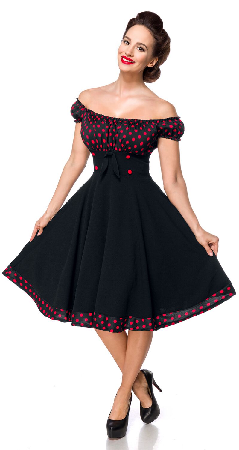 Belsira - Rockabilly Kleid knielang - Schulterfreies Swing-Kleid - XS bis 3XL - für Damen - Größe M - schwarz/rot von Belsira