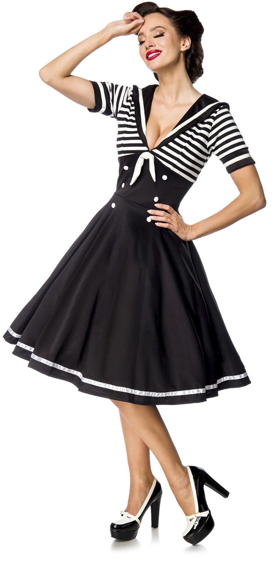 Belsira - Rockabilly Kleid knielang - Swing-Kleid im Marinelook - S bis 4XL - für Damen - Größe 3XL - schwarz/weiß von Belsira