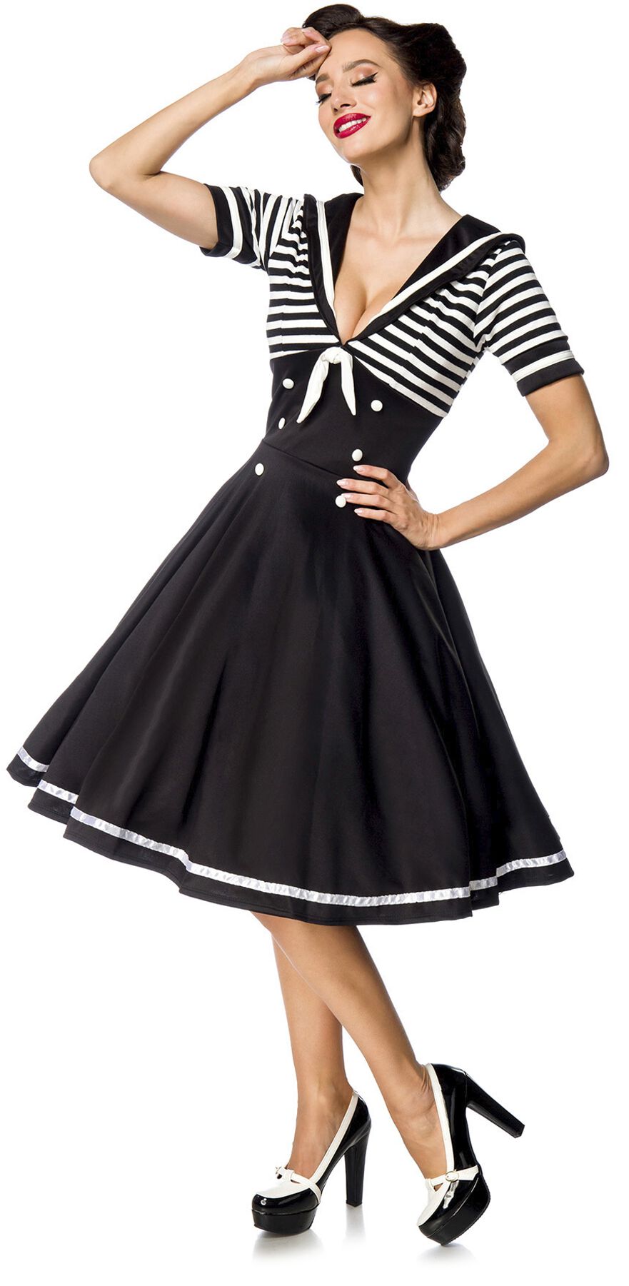 Belsira - Rockabilly Kleid knielang - Swing-Kleid im Marinelook - S bis 4XL - für Damen - Größe M - schwarz/weiß von Belsira