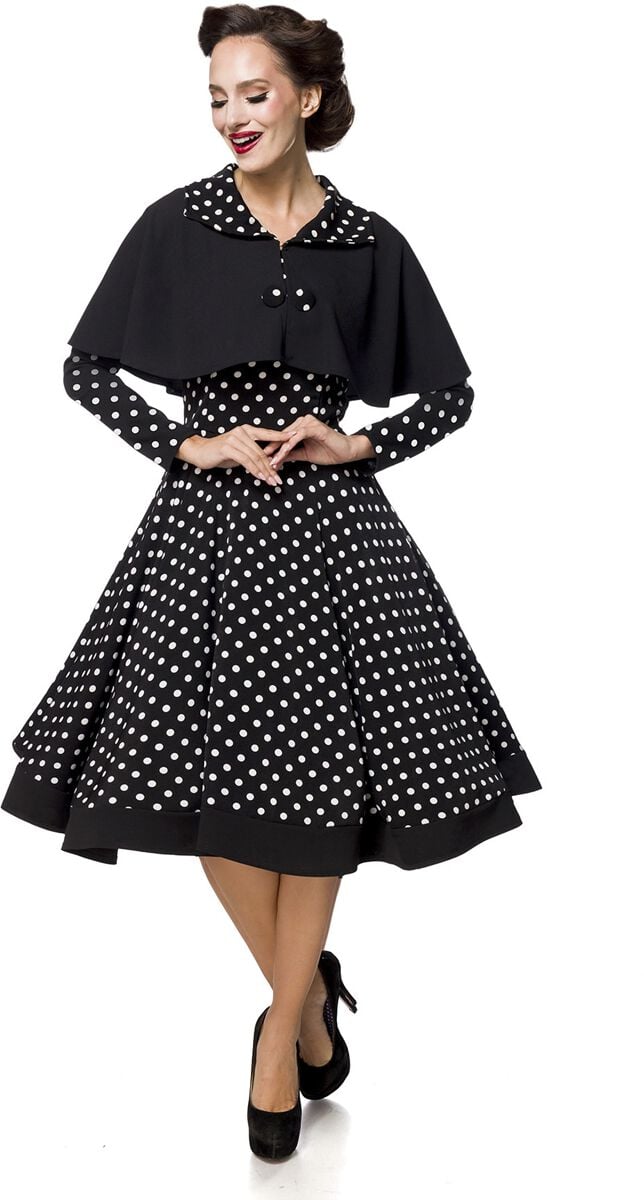 Belsira - Rockabilly Kleid knielang - Swing-Kleid mit Cape - XS bis XXL - für Damen - Größe S - schwarz/weiß von Belsira