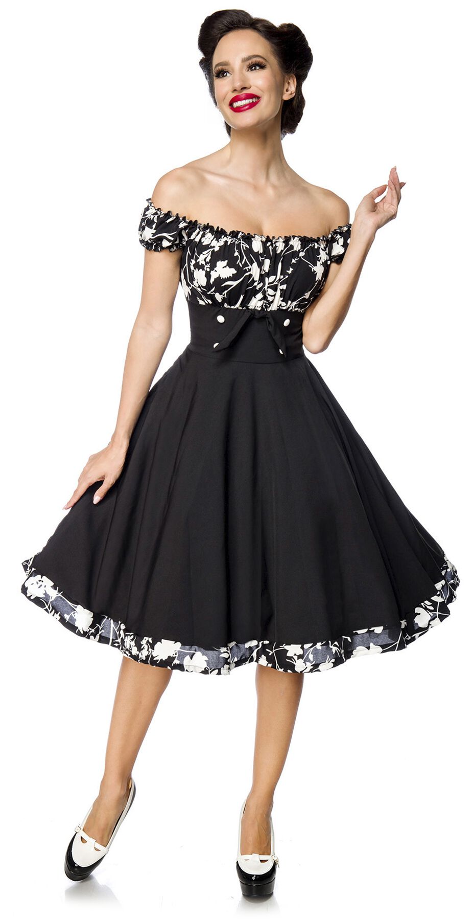 Belsira Schulterfreies Swing-Kleid Mittellanges Kleid schwarz weiß in S von Belsira