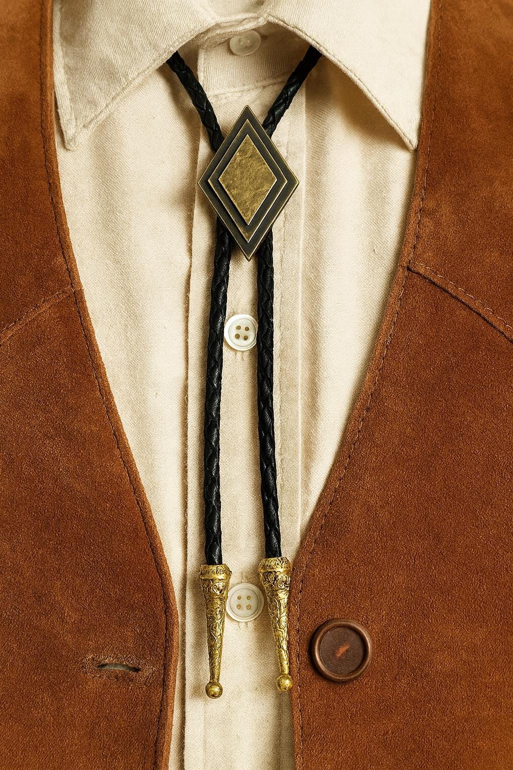 Messing Diamant Bolokrawatte Schwarze Lederband Cowboy Krawatte Messing Diamant Bolokrawatte Schwarze Lederband Cowboy Krawatte von BeltsBucklesBolos