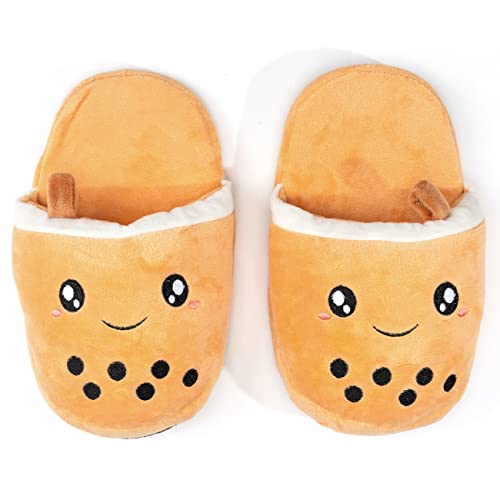 Glopastel Boba Hausschuhe | Süße Anime Kawaii Bubble Tea Fuzzy Slip-On Hausschuhe | Einheitsgröße Erwachsene Damen Herren (Beige) von Glopastel