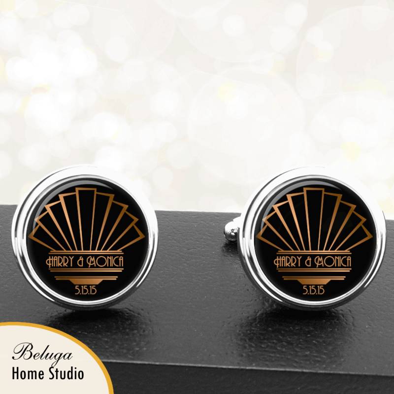 Art-Deco Personalisiert Hochzeit Manschettenknöpfe Namen Datum Handgefertigte Für Bräutigam Männer Jubiläen von BelugaHomeStudio