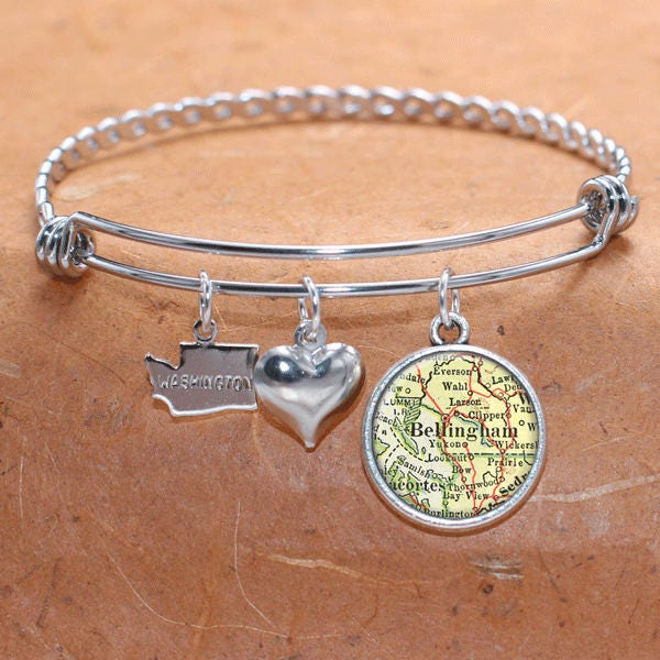 Bellingham Wa Karte Charm Armband Bundesstaat Washington Armreif Landkarte Schmuck Edelstahl von BelugaHomeStudio