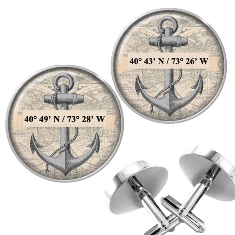 Benutzerdefinierte Manschettenknöpfe Breitengrad Längengrad Auf Anker Mit Antiken Karte Hintergrund Für Den Bräutigam Hochzeit Party Väter Männer von BelugaHomeStudio