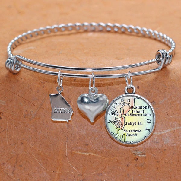 Jekyll Insel St. Simons Isl Georgien Karte Charm Armband Zustand Der Ga Armreif Landkarte Schmuck Edelstahl von BelugaHomeStudio