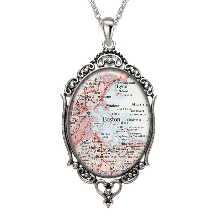 Karte Anhänger Boston Ma Oval Filigrane Stadt Massachusetts Art Foto Grafik Halsbandanhänger von BelugaHomeStudio