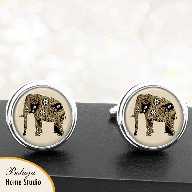 Manschettenknöpfe Elefant in Gold Schwarz/Weiß Muster Handgefertigte von BelugaHomeStudio