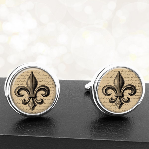 Manschettenknöpfe Fleur De Lis Auf Sepia Handschrift Hintergrund Handgefertigte Für Bräutigam Hochzeit Sweethearts Väter Männer von BelugaHomeStudio